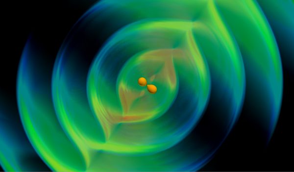 3D rendering of the gravitational waves emitted from a binary neutron star system at merger. The central region (in density) is stretched by a factor of ~5 for better visibility. Image credit: AEI Potsdam-Golm.