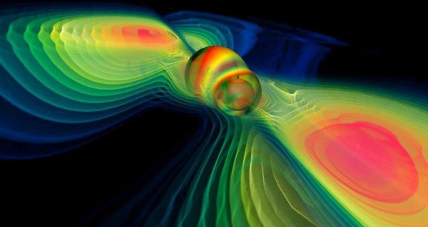 A computer simulation, utilizing the advanced techniques developed by Kip Thorne and many others, allow us to tease out the predicted signals arising in gravitational waves generated by merging black holes. Image credit: Werner Benger, cc by-sa 4.0.